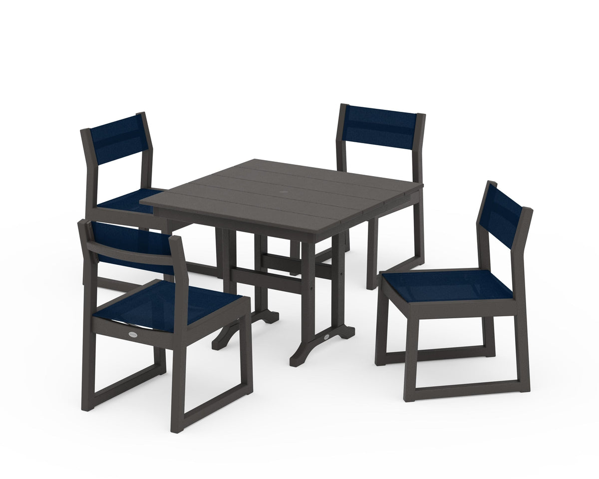 POLYWOOD EDGE Sling Side Chair 5-Piece Farmhouse Dining Set in Vintage Coffee / Navy Blue