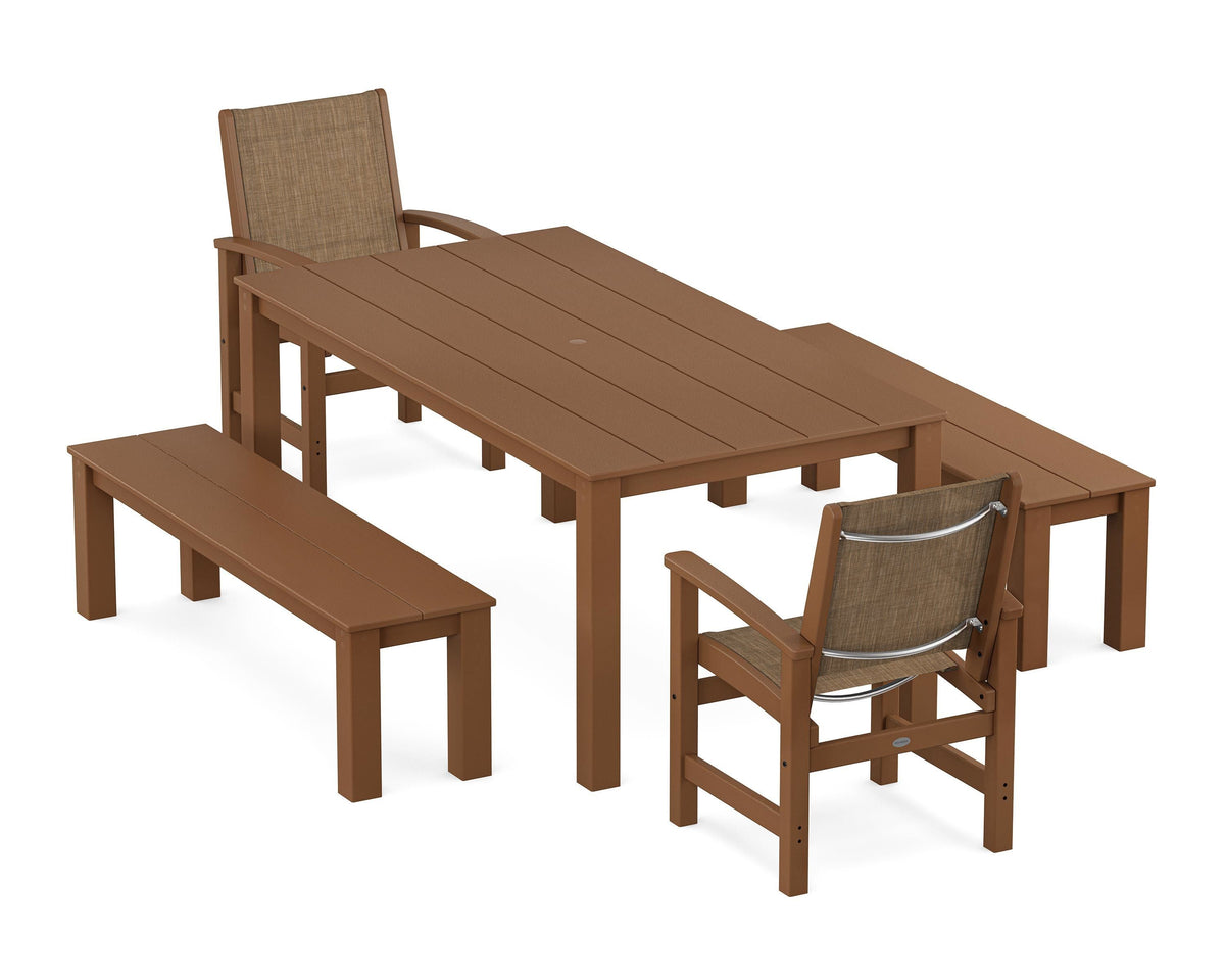 POLYWOOD Coastal 5-Piece Parsons Dining Set with Benches in Teak / Burlap