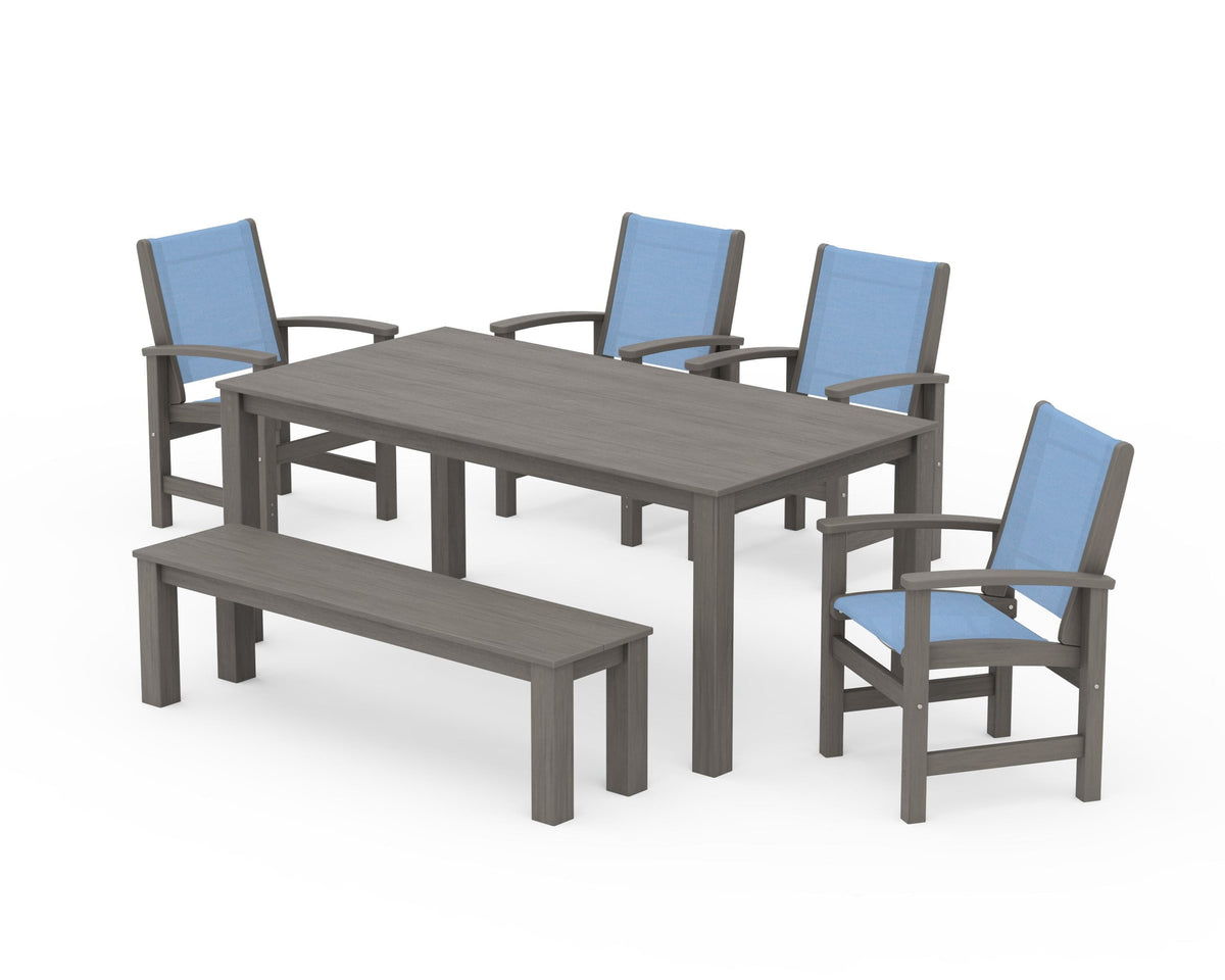 POLYWOOD Coastal 6-Piece Parsons Dining Set with Bench in Driftwood / Poolside