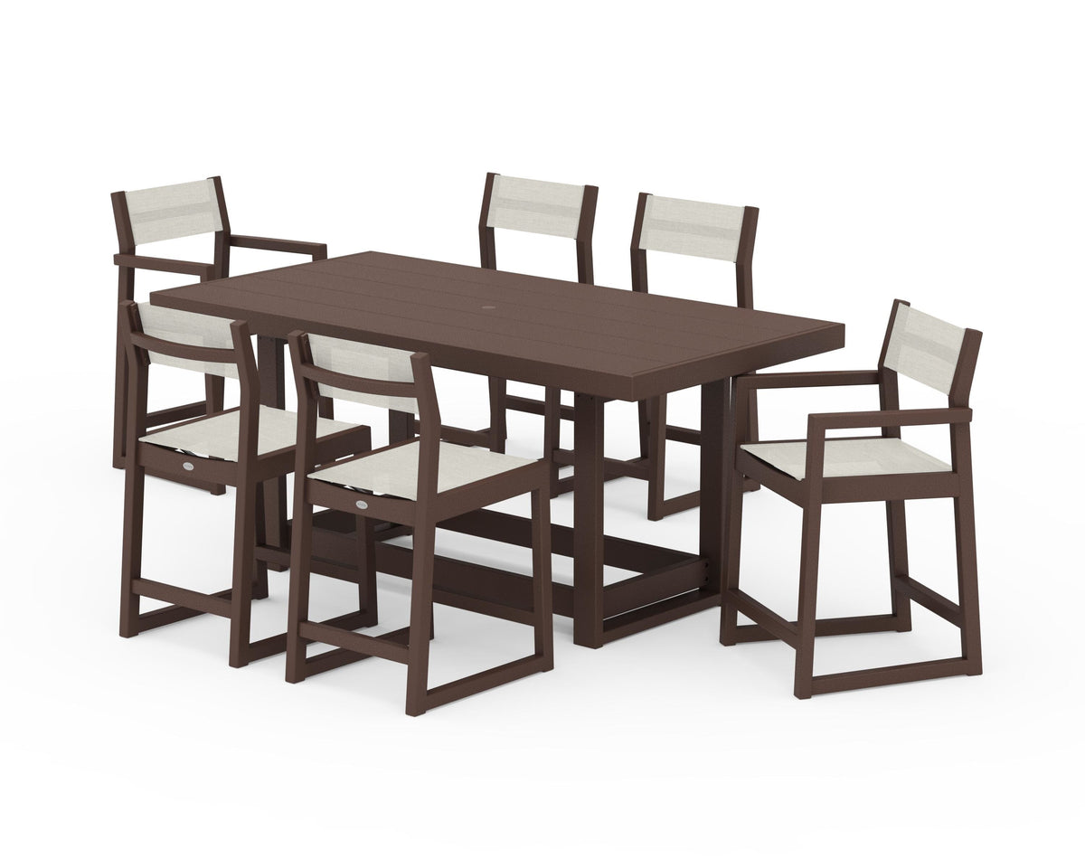 POLYWOOD EDGE Sling 7-Piece Counter Table Set in Mahogany / Parchment