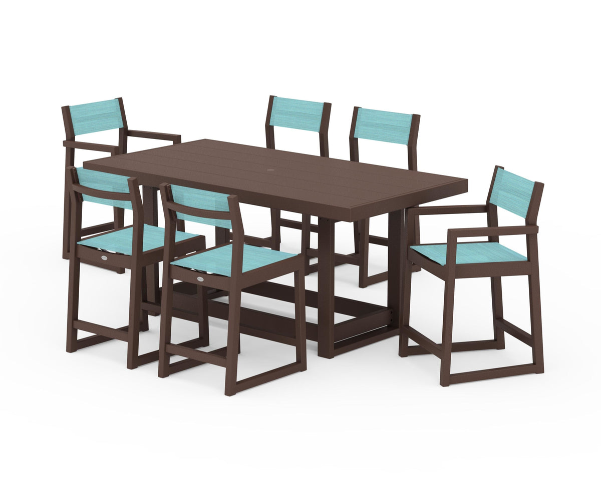 POLYWOOD EDGE Sling 7-Piece Counter Table Set in Mahogany / Dupioni Aquamarine