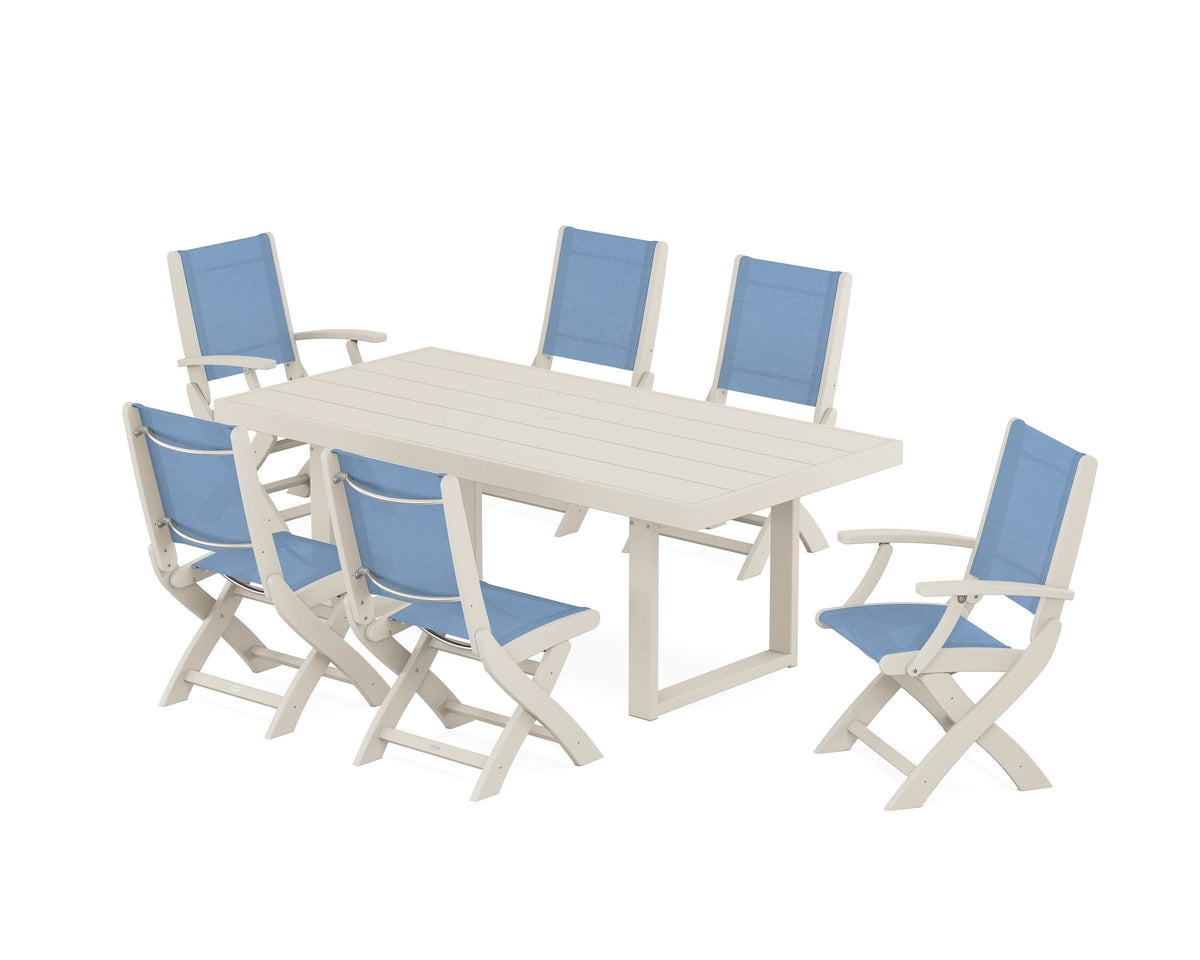 POLYWOOD Coastal Folding Chair 7-Piece Dining Set with Trestle Legs with EDGE 40" x 78" Dining Table in Sand / Poolside