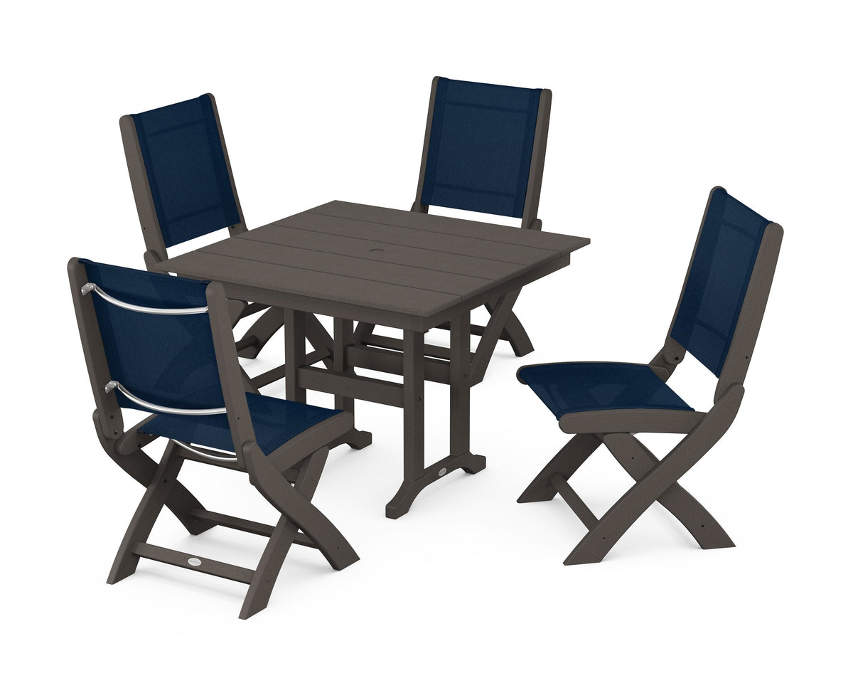 POLYWOOD Coastal Folding Side Chair 5-Piece Farmhouse Dining Set in Vintage Coffee / Navy Blue