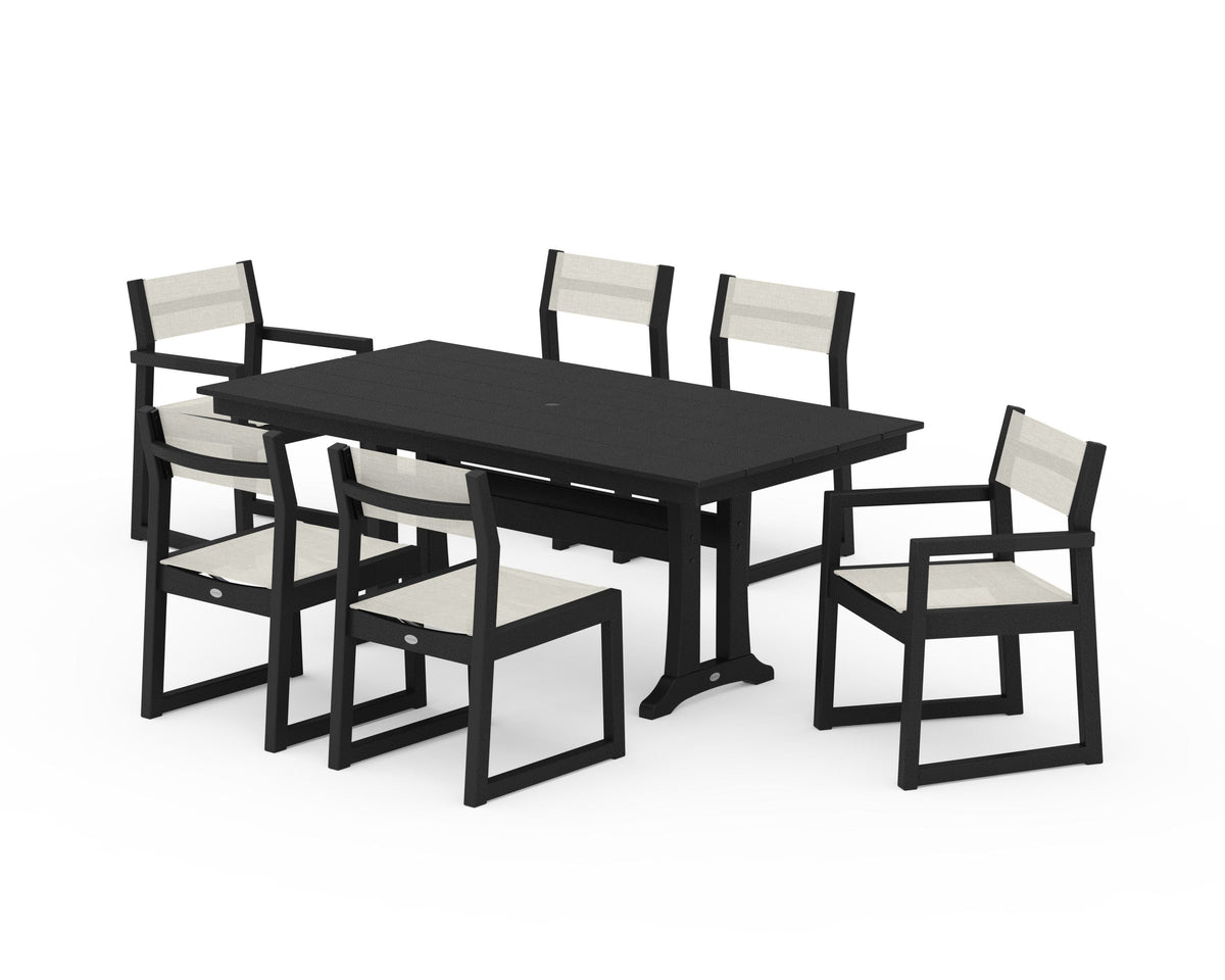 POLYWOOD EDGE Sling 7-Piece Farmhouse Trestle Dining Set in Black / Parchment