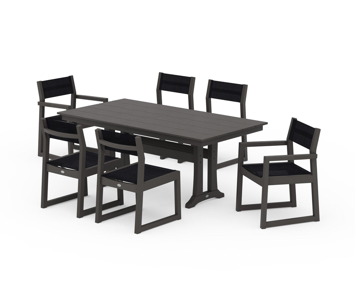 POLYWOOD EDGE Sling 7-Piece Farmhouse Trestle Dining Set in Vintage Coffee / Black
