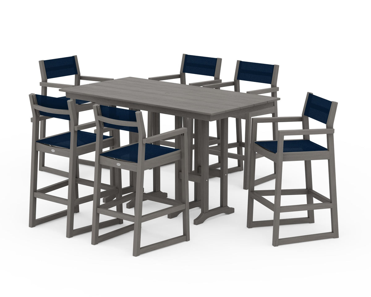 POLYWOOD EDGE Sling Arm Chair 7-Piece Farmhouse Bar Set in Driftwood / Navy Blue