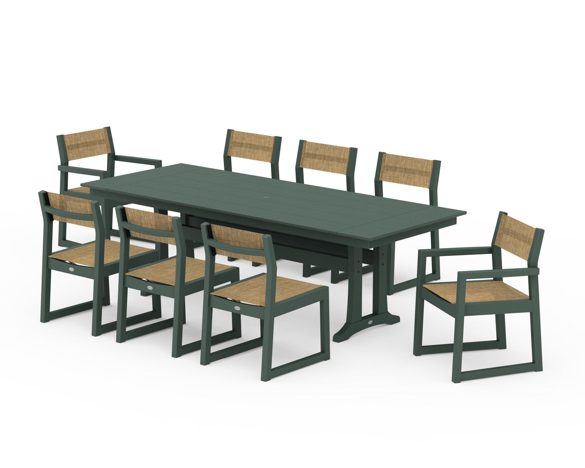 POLYWOOD EDGE Sling 9-Piece Farmhouse Trestle Dining Set in Green / Burlap
