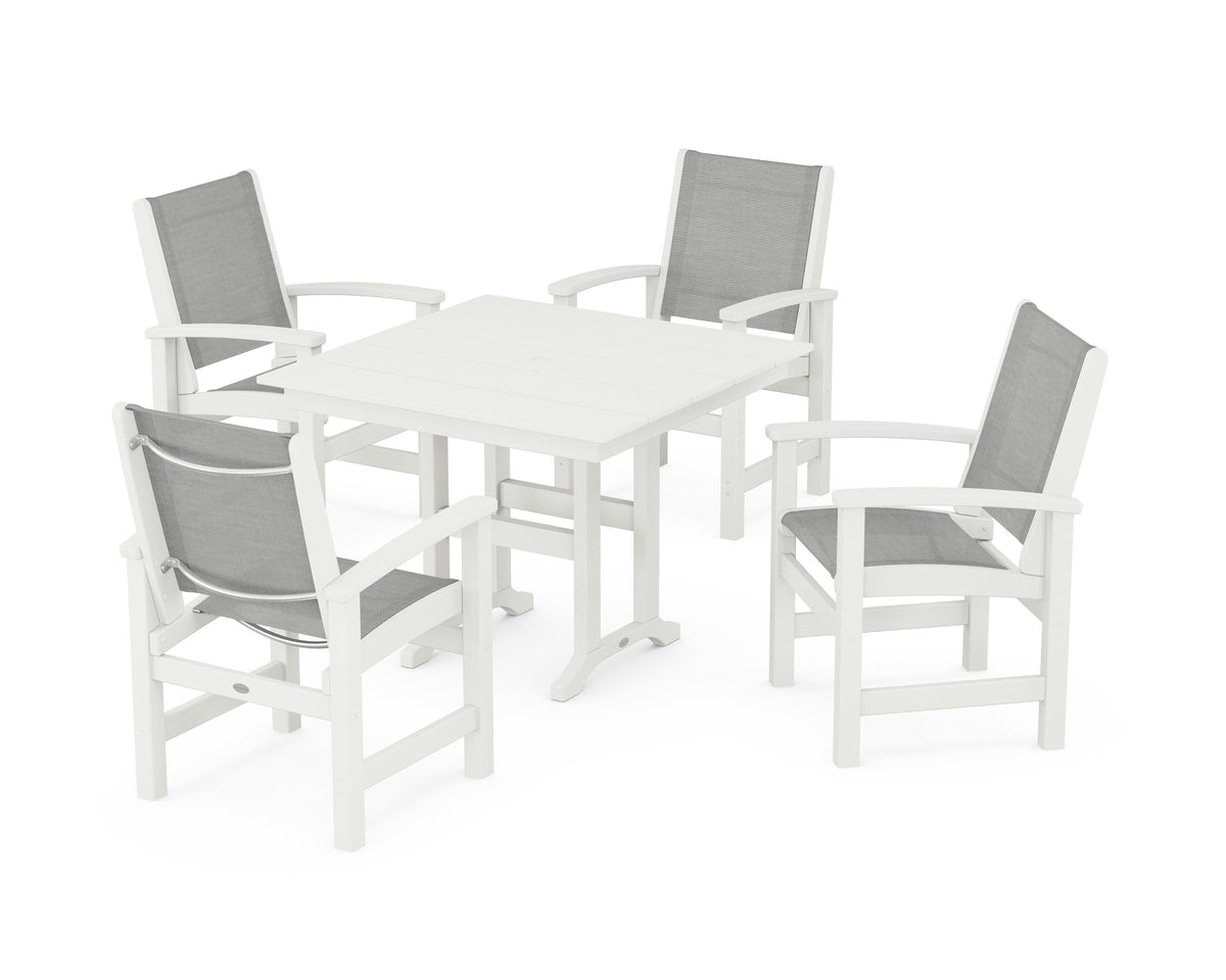 POLYWOOD Coastal 5-Piece Farmhouse Dining Set with Farmhouse 37" Dining Table in Vintage White / Metallic