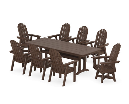 POLYWOOD Vineyard 9-Piece Curveback Adirondack Swivel Farmhouse Dining Set with Trestle Legs in Mahogany