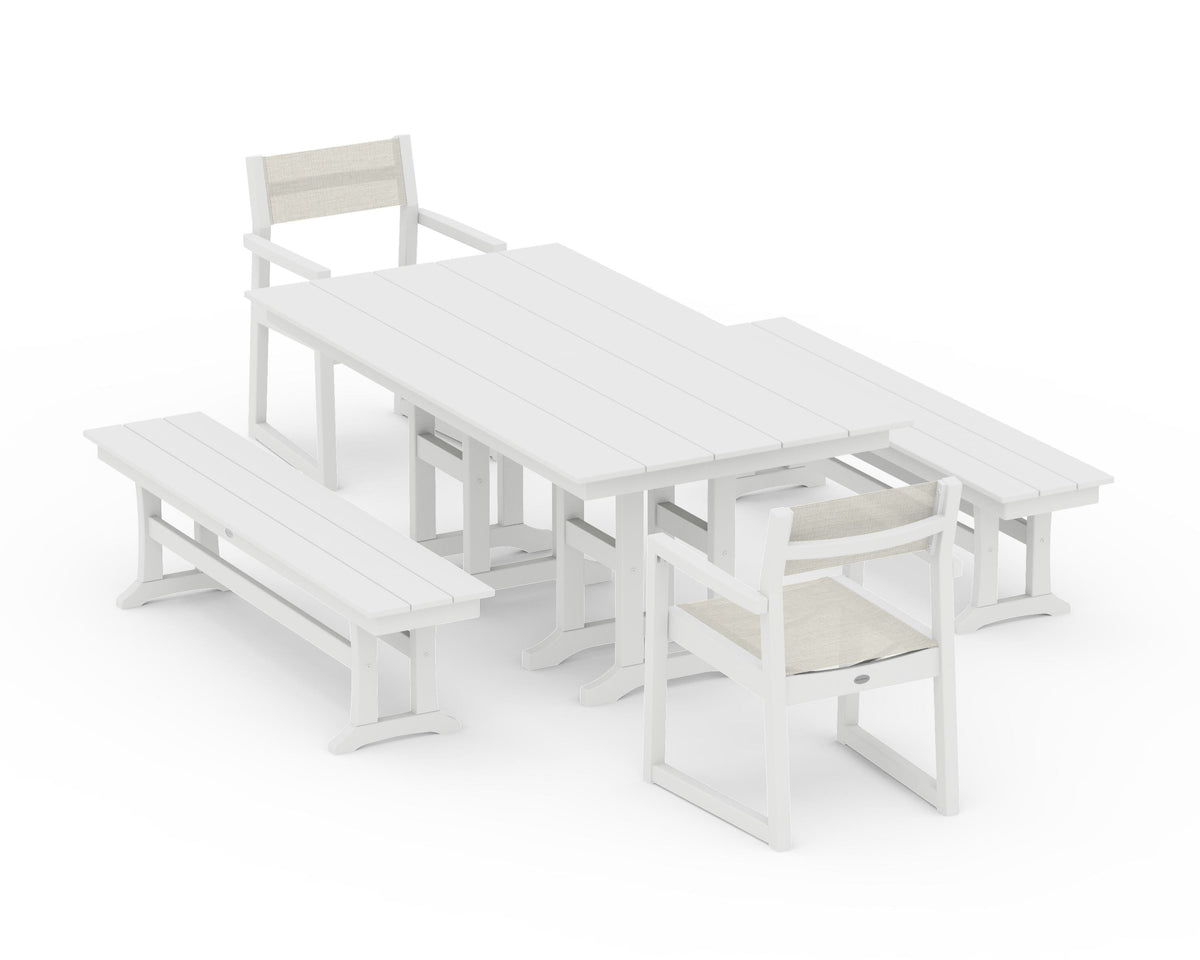 POLYWOOD EDGE Sling Arm Chair 5-Piece Farmhouse Dining Set with Benches in White / Parchment