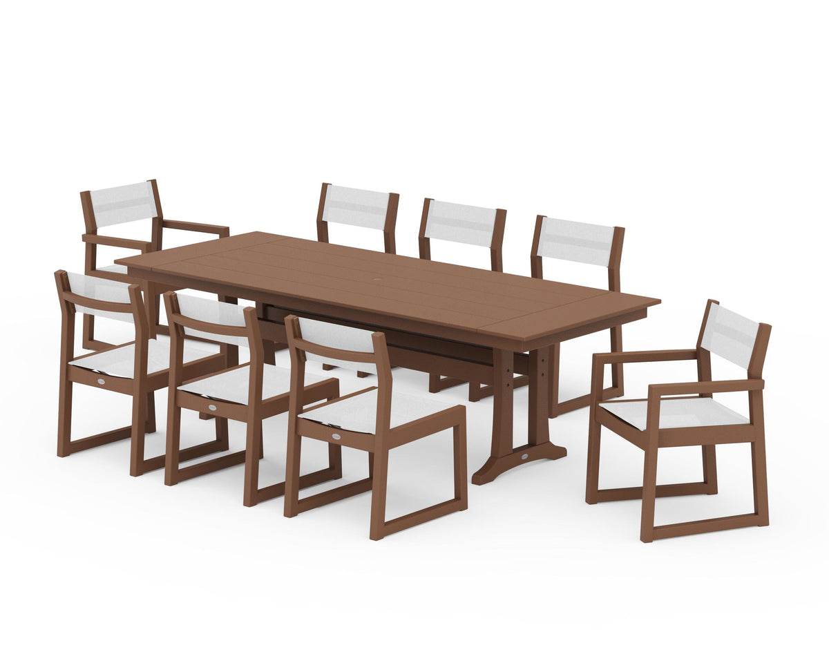 POLYWOOD EDGE Sling 9-Piece Farmhouse Trestle Dining Set in Teak / White