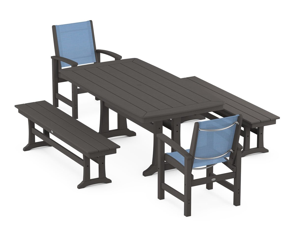 POLYWOOD Coastal 5-Piece Dining Set with Trestle Legs and Benches in Vintage Coffee / Poolside