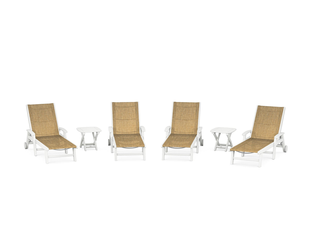 POLYWOOD Coastal Chaise 6-Piece Set with Wheels in White / Burlap