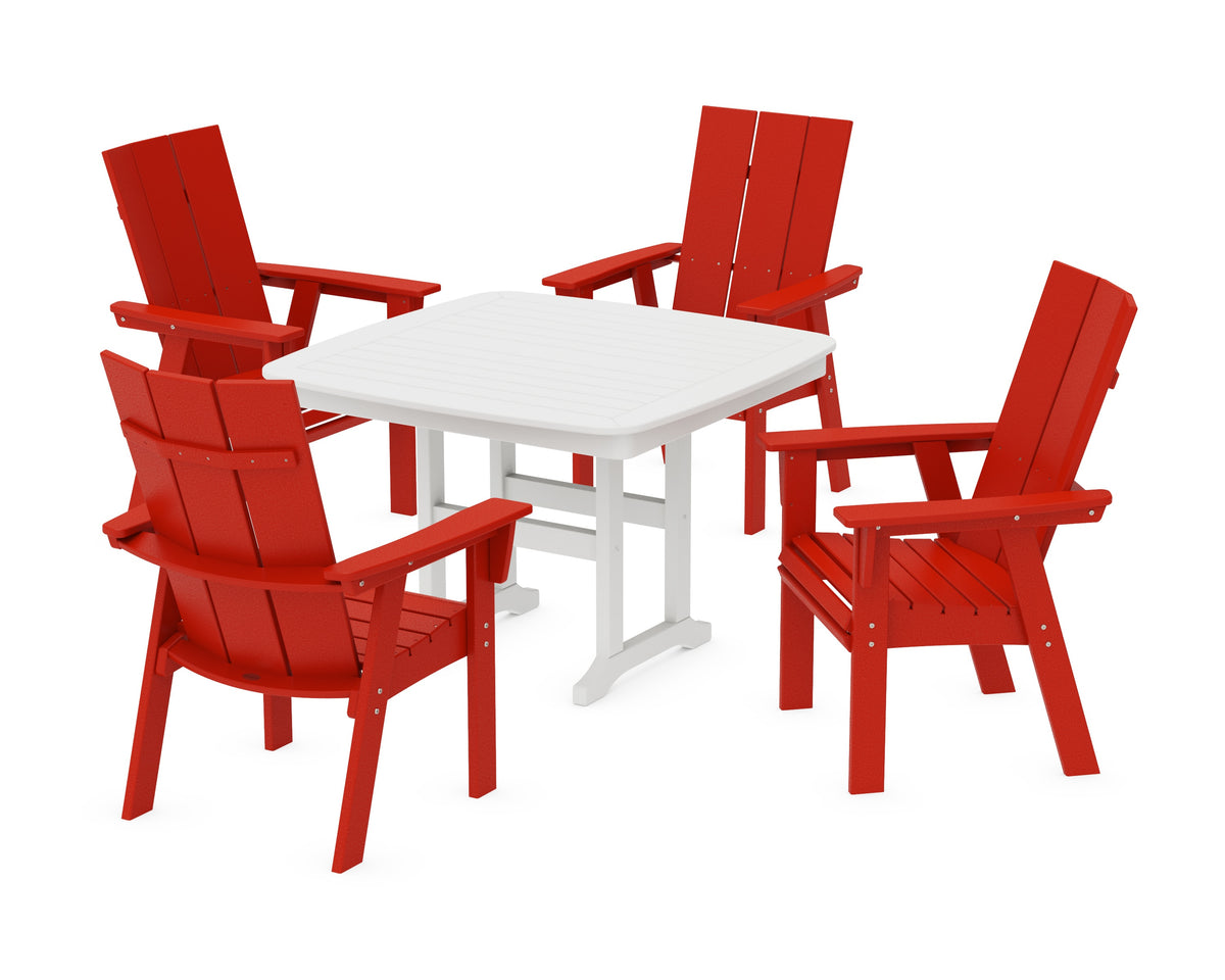 POLYWOOD Modern Curveback Adirondack 5-Piece Dining Set - 44" Table in Sunset Red / White