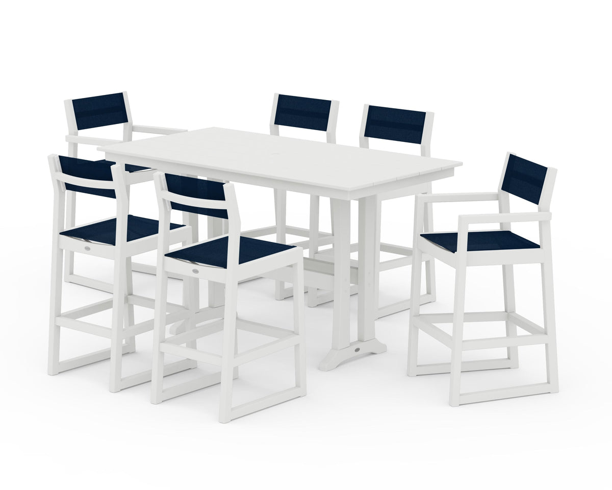 POLYWOOD EDGE Sling 7-Piece Farmhouse Bar Set with Trestle Legs in Vintage White / Navy Blue