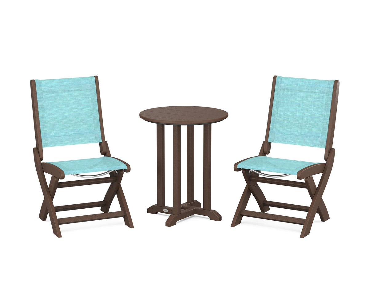 POLYWOOD Coastal Folding Side Chair 3-Piece Round Bistro Dining Set in Mahogany / Dupioni Aquamarine
