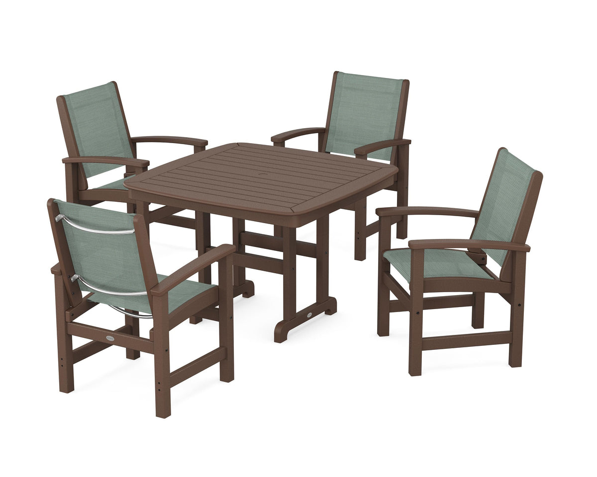 POLYWOOD Coastal 5-Piece Dining Set with Nautical 44" Dining Table in Mahogany / Dupioni Sea Mist