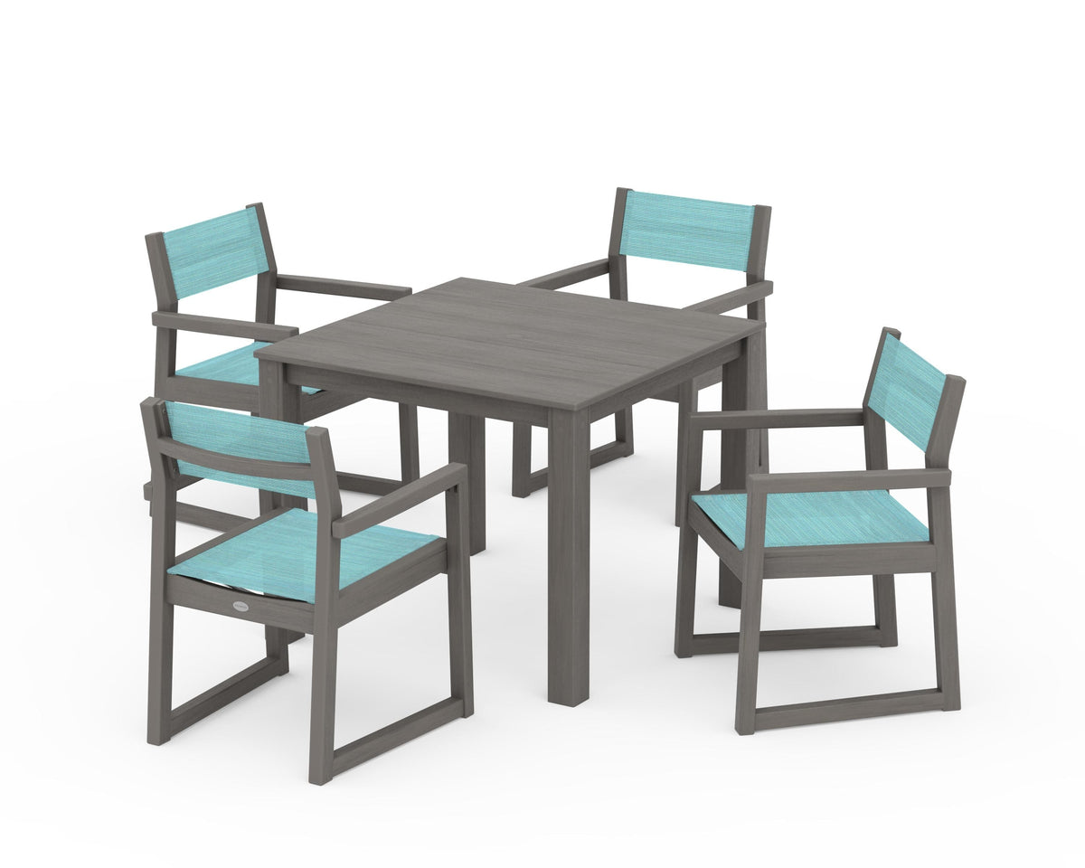POLYWOOD EDGE Sling Arm Chair 5-Piece Parsons Dining Set in Driftwood / Dupioni Aquamarine