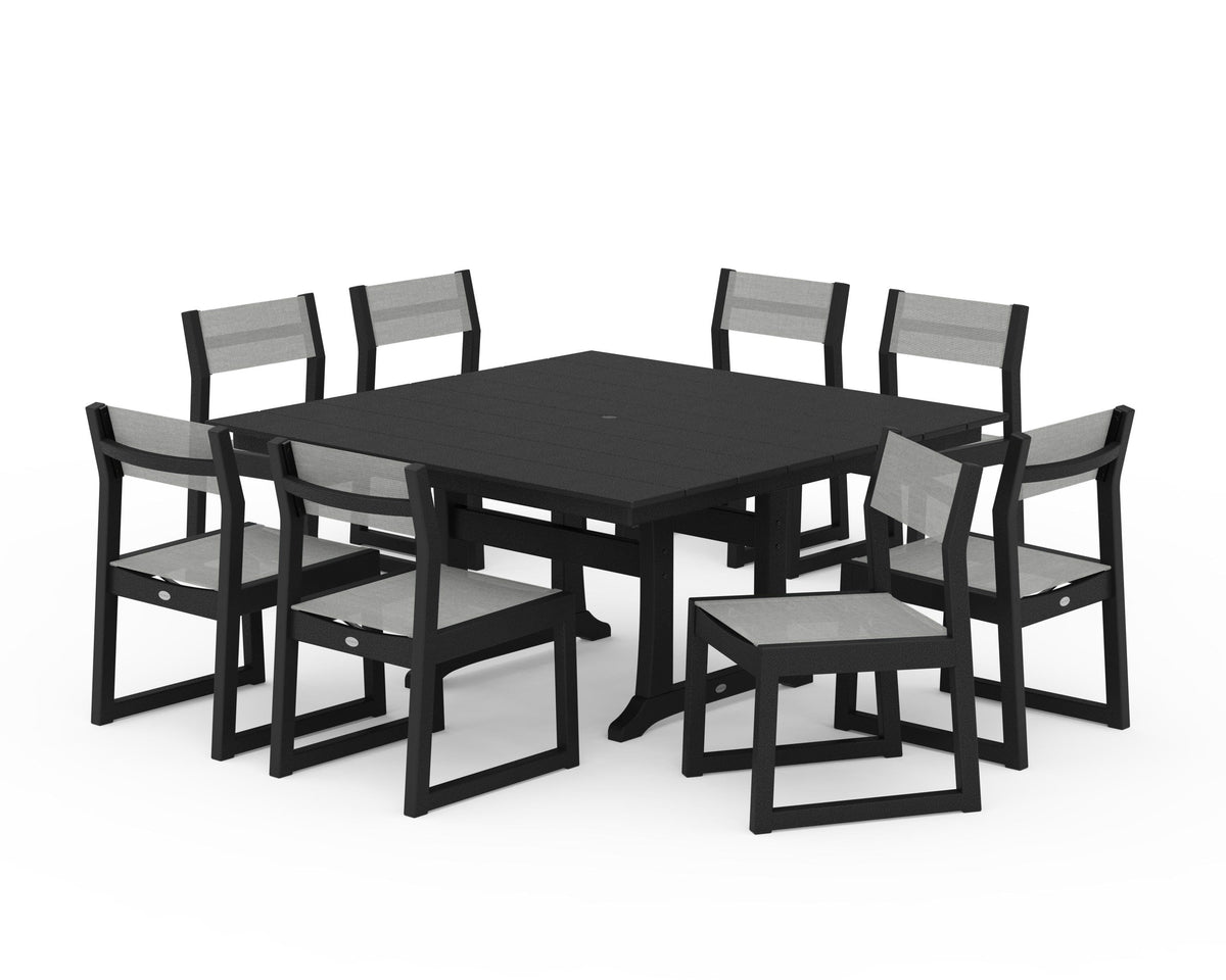 POLYWOOD EDGE Sling Side Chair 9-Piece Farmhouse Trestle Dining Set in Black / Metallic