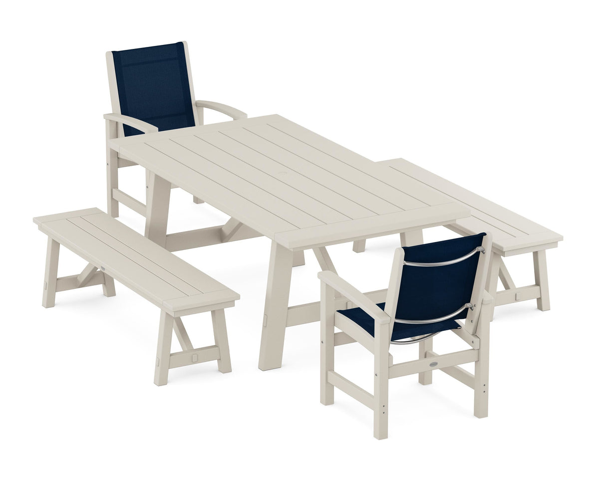 POLYWOOD Coastal 5-Piece Rustic Farmhouse Dining Set With Benches in Sand / Navy Blue