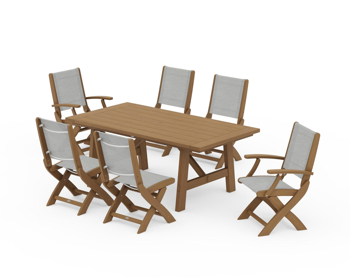 POLYWOOD Coastal Folding Chair 7-Piece Rustic Farmhouse Dining Set in Natural / Metallic