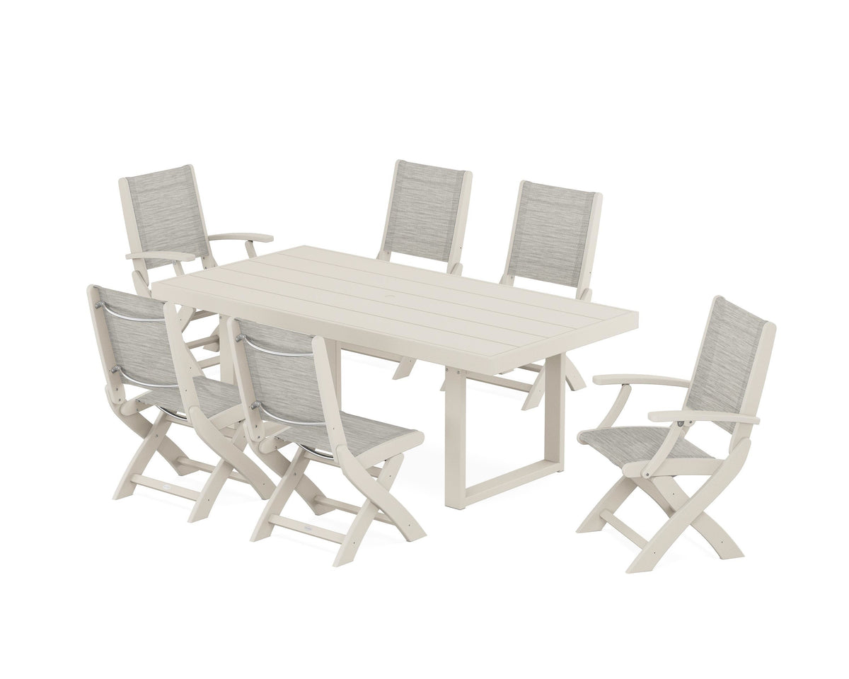 POLYWOOD Coastal Folding Chair 7-Piece Dining Set with Trestle Legs with EDGE 40" x 78" Dining Table in Sand / Birch