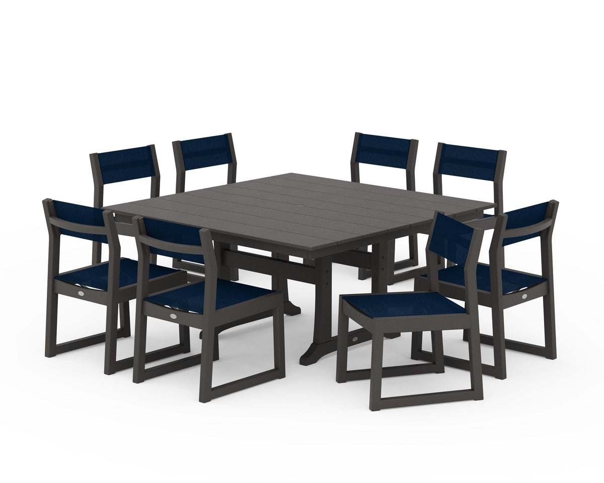 POLYWOOD EDGE Sling Side Chair 9-Piece Farmhouse Trestle Dining Set in Vintage Coffee / Navy Blue