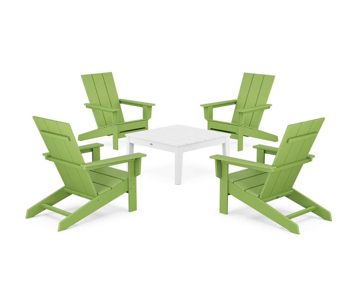 POLYWOOD 5-Piece Modern Studio Adirondack Chair Conversation Group in Lime / White