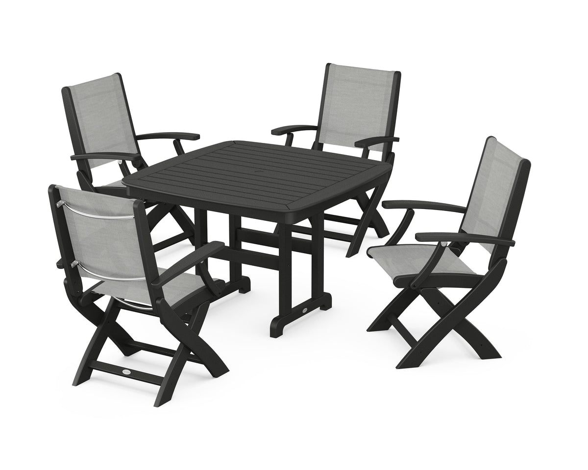 POLYWOOD Coastal Folding Chair 5-Piece Dining Set with Nautical 44" Dining Table in Black / Metallic