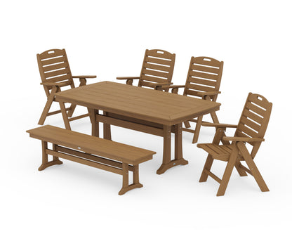 POLYWOOD Nautical Highback 6-Piece Dining Set with Trestle Legs and Bench in Natural