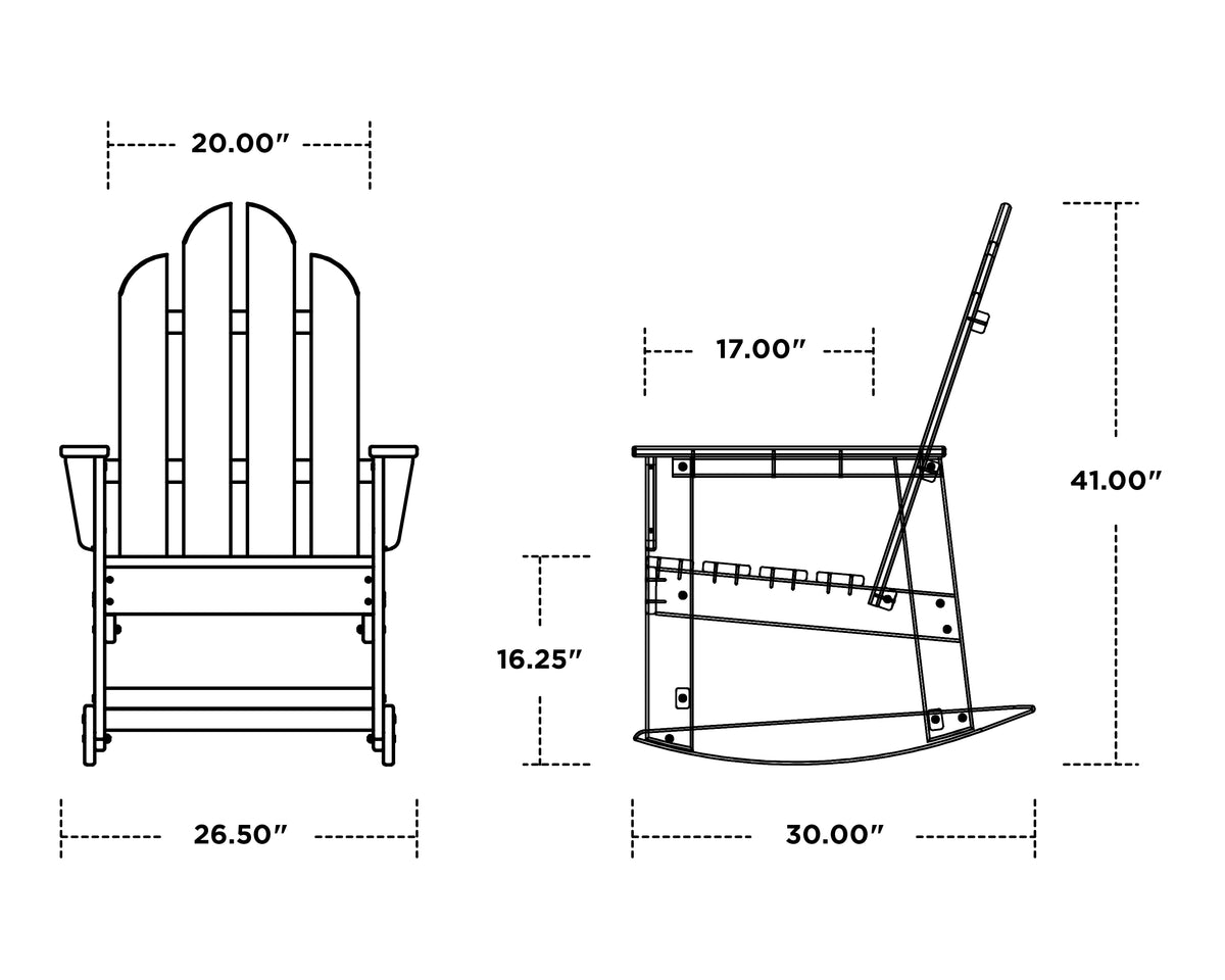POLYWOOD Long Island Rocking Chair dimension drawing with width, depth and height measurements