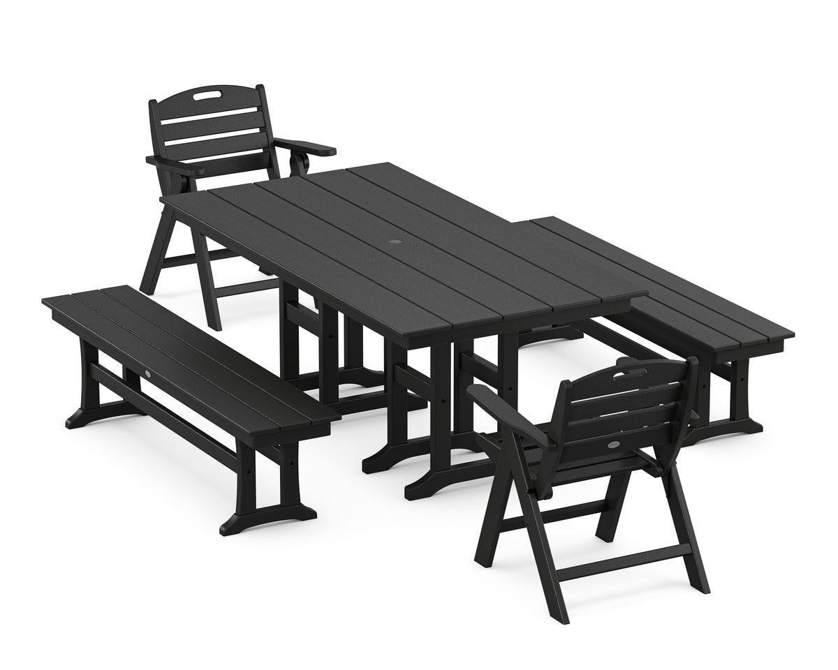 POLYWOOD Nautical Lowback 5-Piece Farmhouse Dining Set with Benches in Black