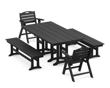 POLYWOOD Nautical Lowback 5-Piece Farmhouse Dining Set with Benches in Black