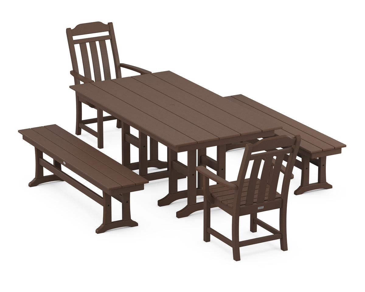 POLYWOOD Cottage 5-Piece Farmhouse Dining Set with Benches in Mahogany