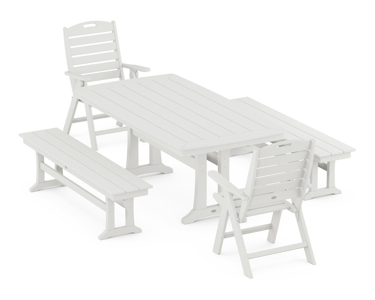 POLYWOOD Nautical Folding Highback Chair 5-Piece Dining Set with Trestle Legs and Benches in Vintage White