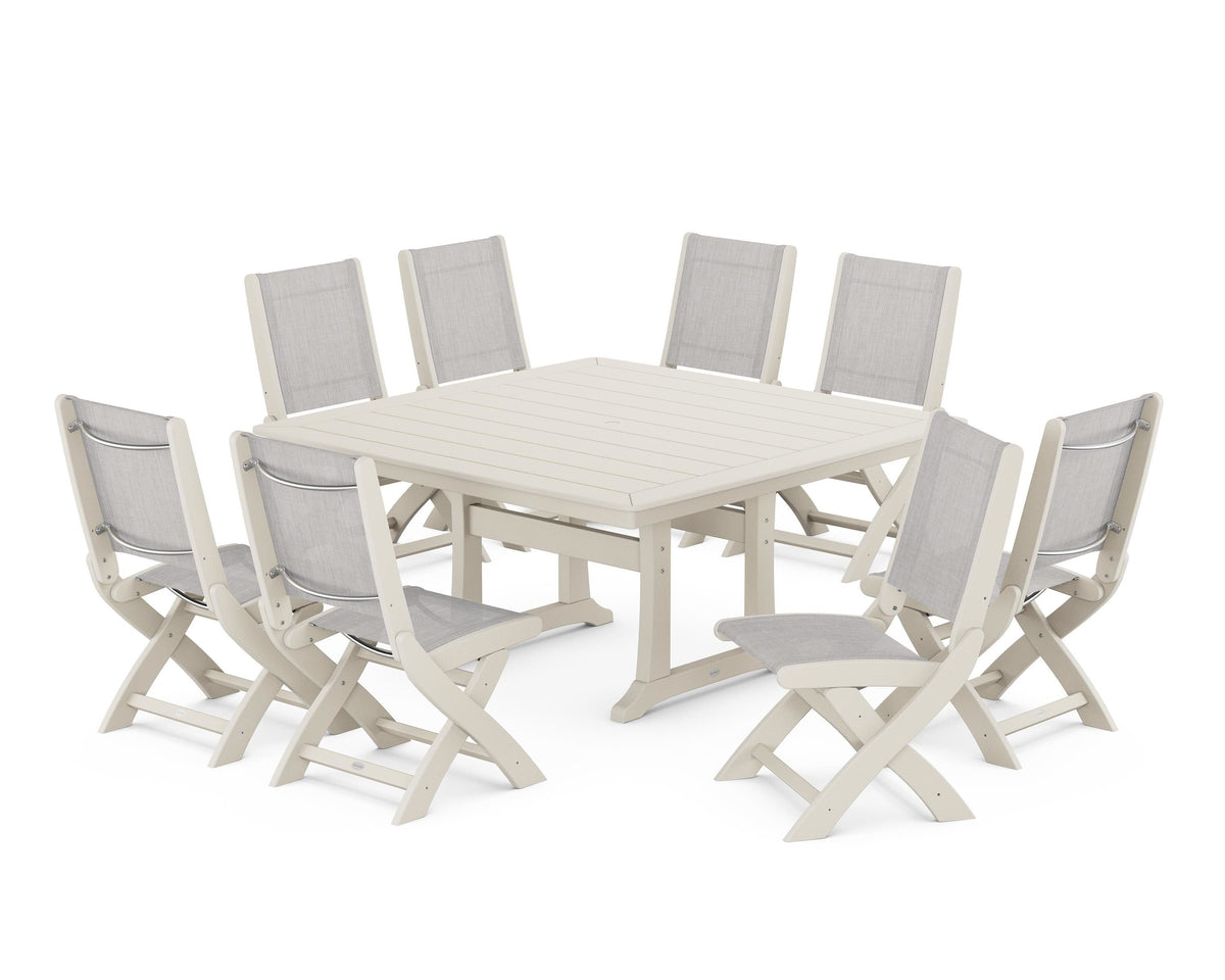 POLYWOOD Coastal Folding Side Chair 9-Piece Dining Set with Trestle Legs in Sand / Parchment