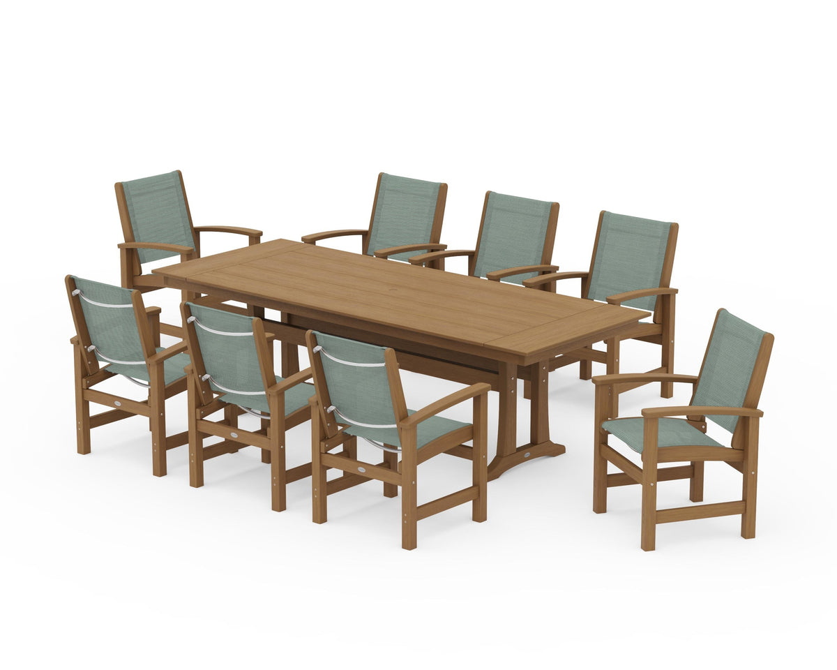 POLYWOOD Coastal 9-Piece Farmhouse Dining Set with Trestle Legs in Natural / Dupioni Sea Mist