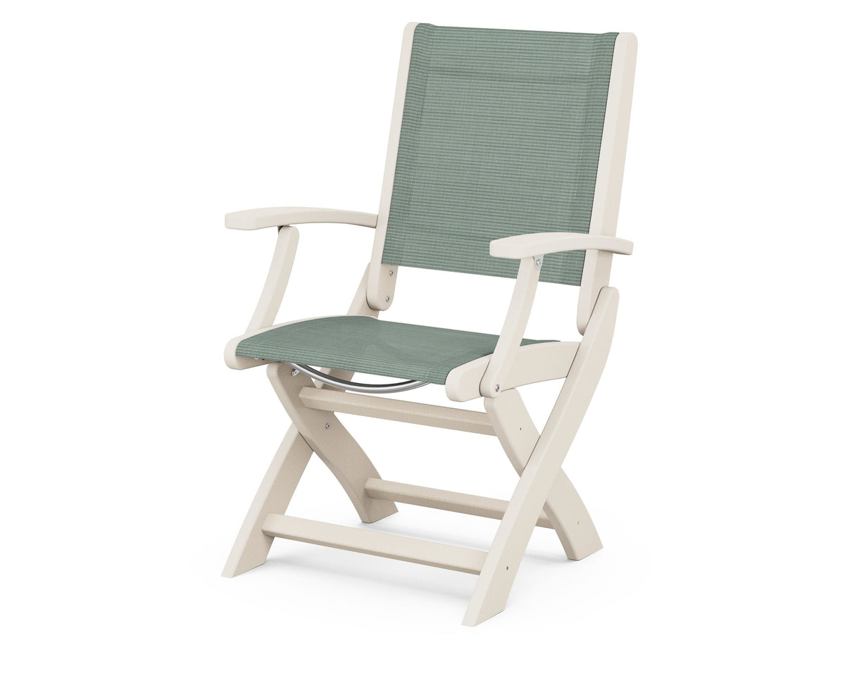 POLYWOOD Coastal Folding Chair in Sand with Sand arms and Dupioni Sea Mist sling