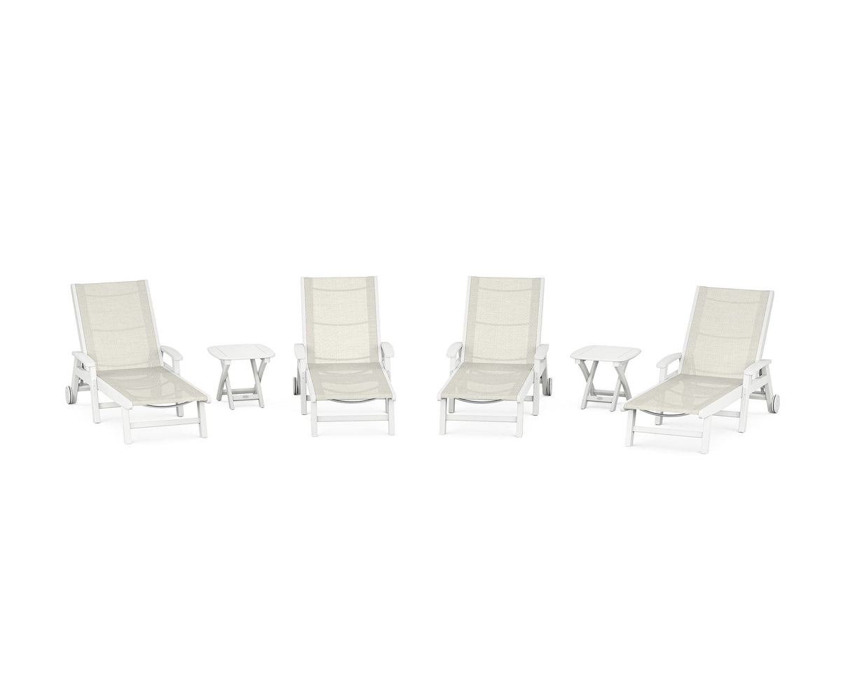 POLYWOOD Coastal Chaise 6-Piece Set with Wheels in White / Parchment
