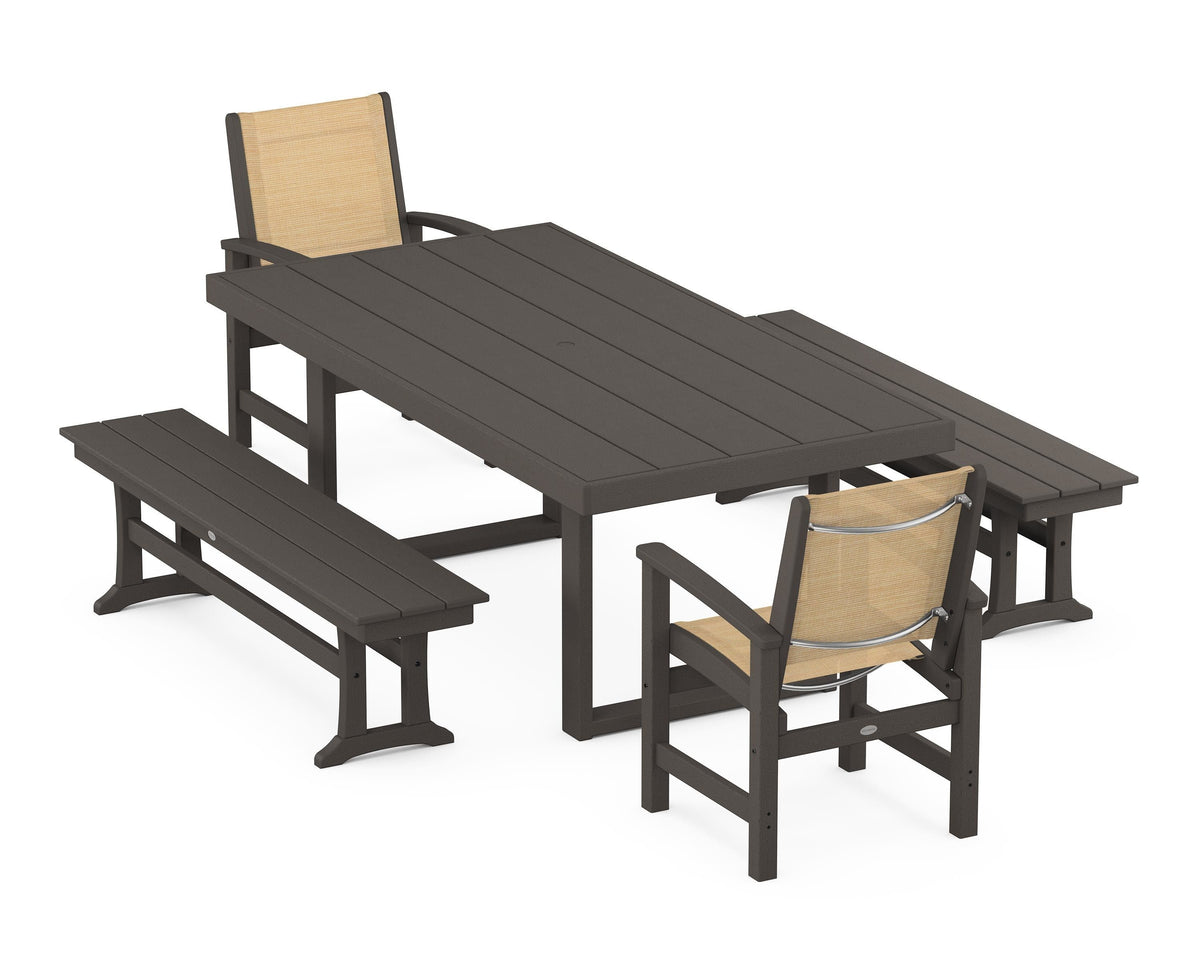 POLYWOOD Coastal 5-Piece Dining Set with Trestle Legs with EDGE 40" x 78" Dining Table in Vintage Coffee / Dupioni Apricot