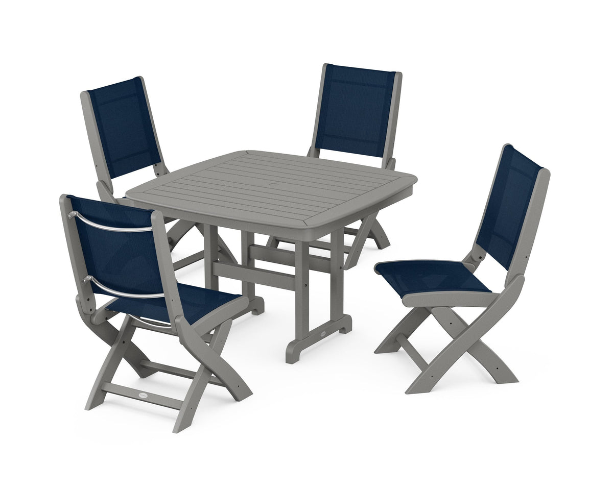 POLYWOOD Coastal Folding Side Chair 5-Piece Dining Set with Nautical 44" Dining Table in Slate Grey / Navy Blue