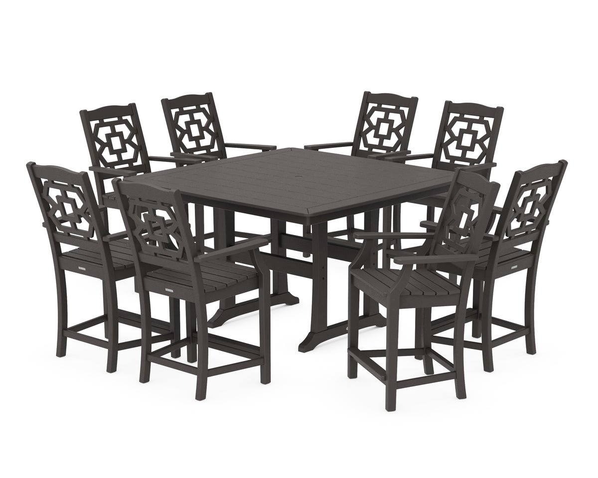 POLYWOOD Chinoiserie 9-Piece Square Counter Set with Trestle Legs in Vintage Coffee