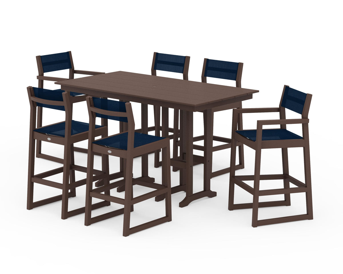 POLYWOOD EDGE Sling 7-Piece Farmhouse Bar Set in Mahogany / Navy Blue