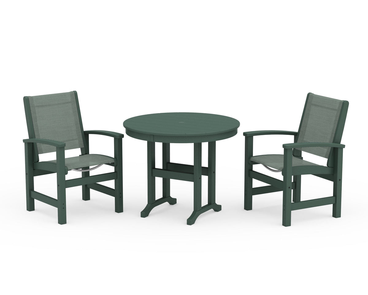 POLYWOOD Coastal 3-Piece Round Dining Set in Green / Dupioni Sea Mist