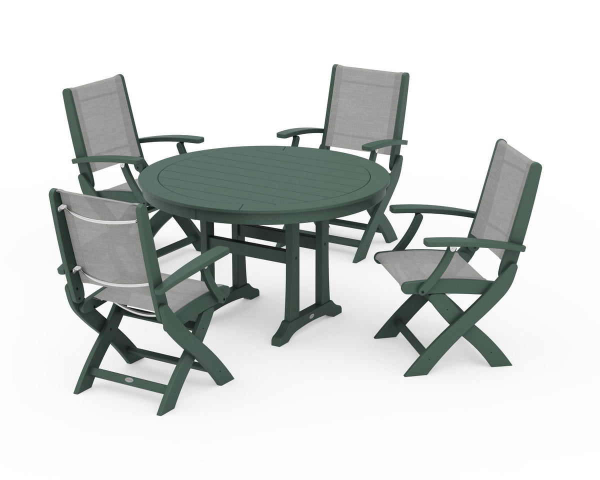 POLYWOOD Coastal Folding Chair 5-Piece Round Dining Set with Trestle Legs in Green / Metallic