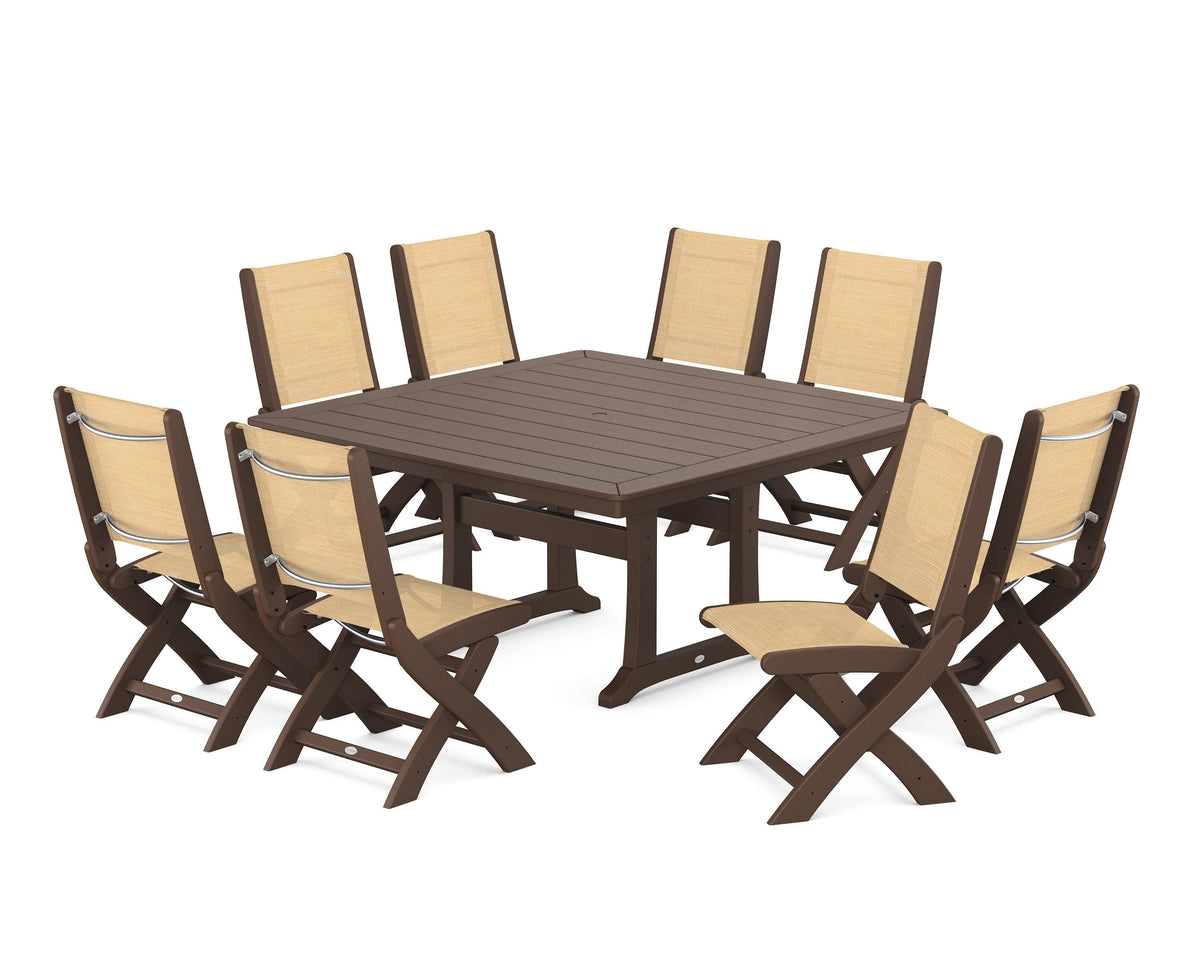 POLYWOOD Coastal Folding Side Chair 9-Piece Dining Set with Trestle Legs in Mahogany / Dupioni Apricot