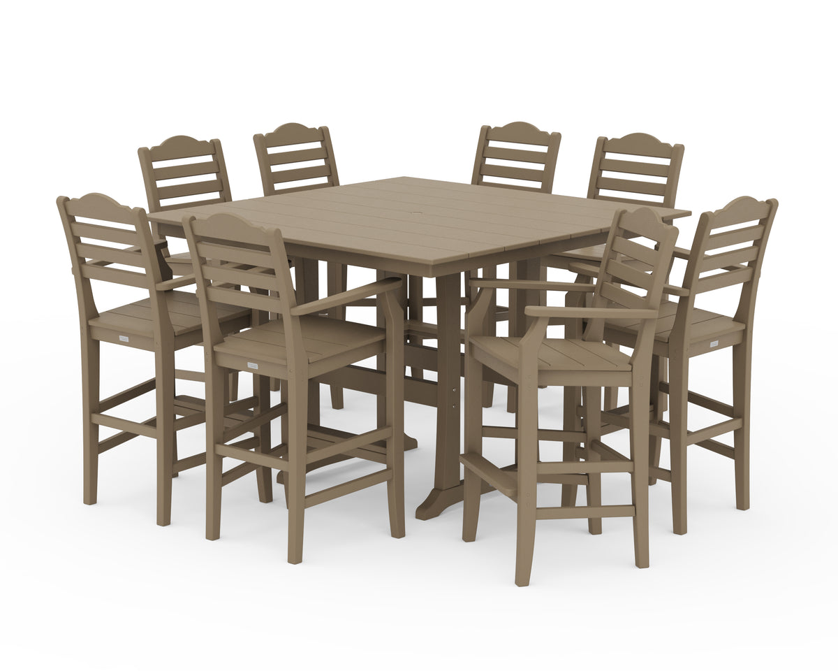 POLYWOOD Savannah 9-Piece Square Farmhouse Bar Set with Trestle Legs in Vintage Sahara