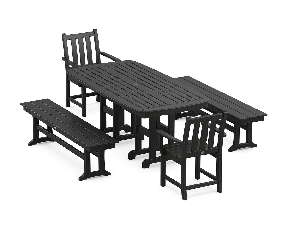 POLYWOOD Traditional Garden 5-Piece Dining Set with Benches - 37" x 72" Table in Black