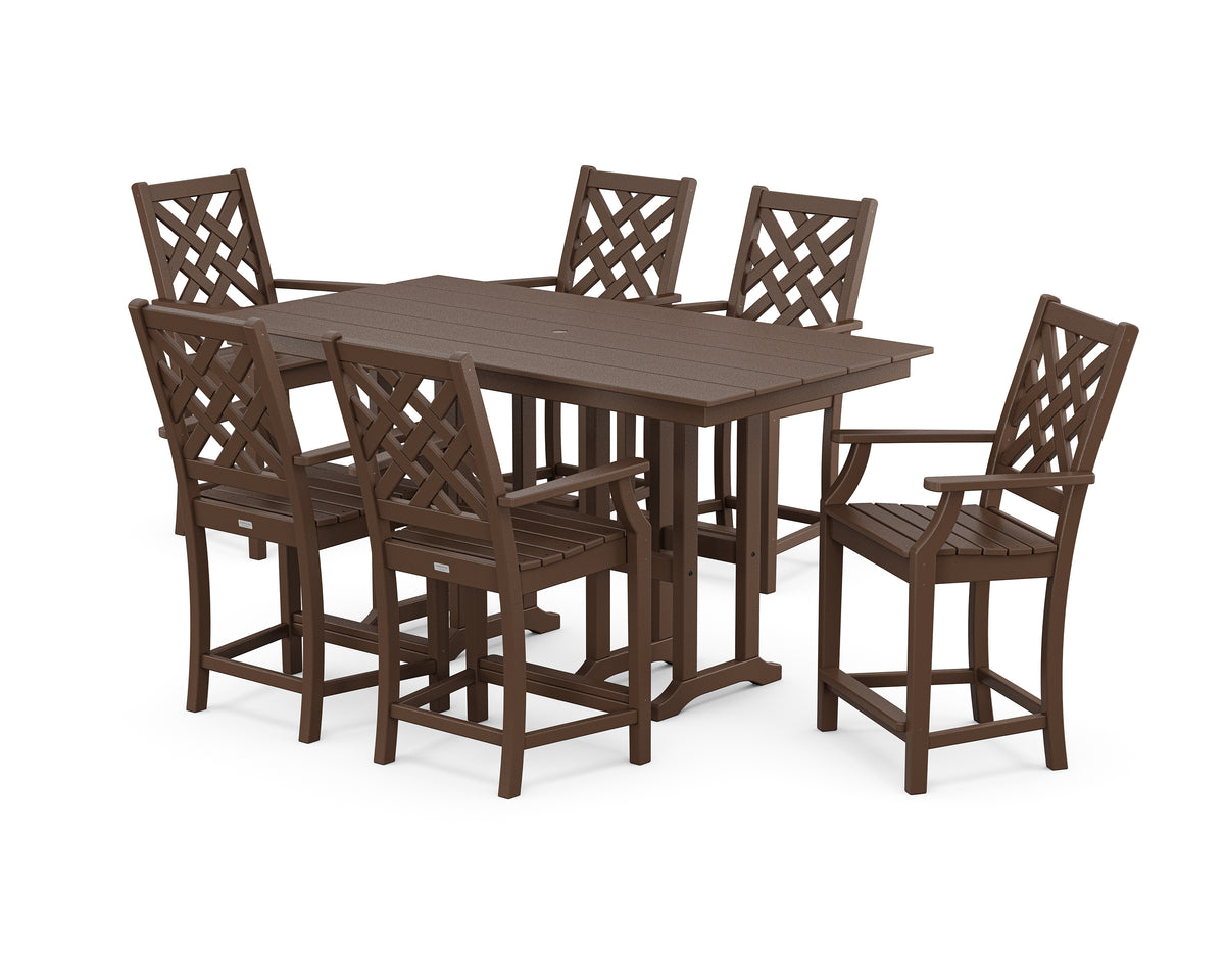 POLYWOOD Country Living Wovendale Arm Chair 7-Piece Farmhouse Counter Set in Mahogany
