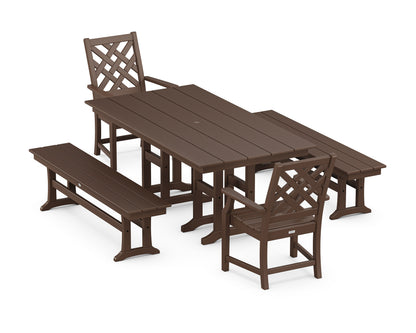 POLYWOOD Wovendale 5-Piece Farmhouse Dining Set with Benches in Mahogany